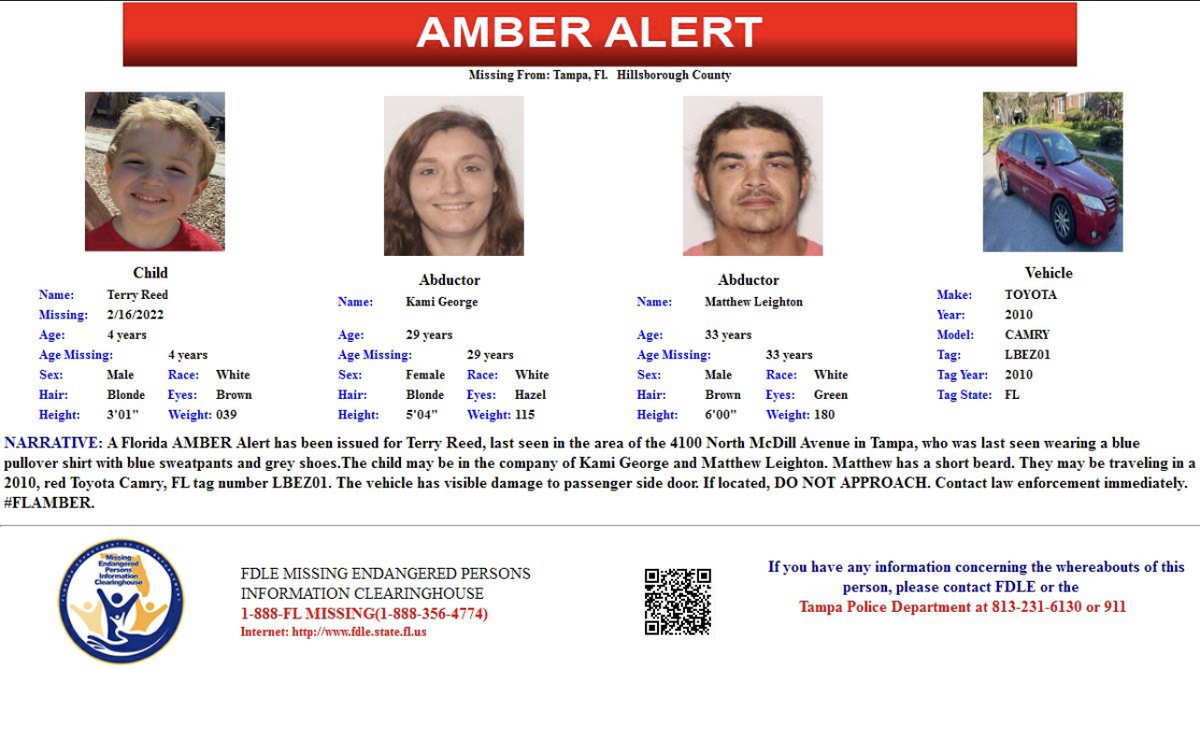 Authorities believe 4-year-old Terry Reed is with alleged abductors Kami George, 29, and Matthew Leighton, 33.