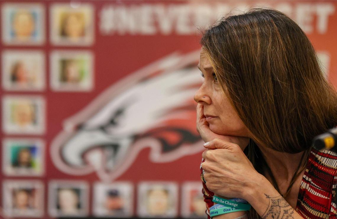 Jen Easterly, United States Director of the Cybersecurity and Infrastructure Security Agency, listen closely as U.S. Secretary of Education Miguel Cardona spoke at a round table with parents of victims of the mass shooting by the invitation of U.S. Congressman Jared Moskowitz regarding school safety and mental health after visiting Marjory Stoneman Douglas High School on Monday, January 22, 2024, in Parkland, Florida.