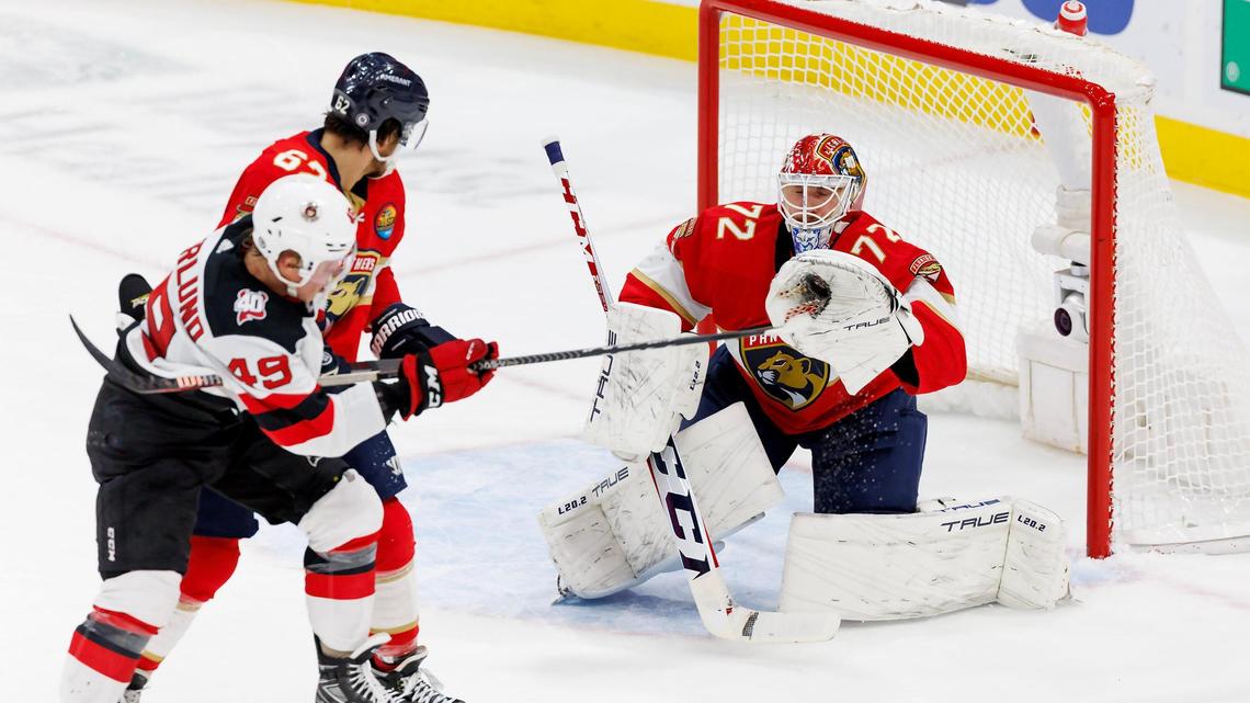 Florida Panthers goaltender Sergei Bobrovsky (72) blocks a shot by New Jersey Devils left wing Fabian Zetterlund (49) during the first period of an NHL game at FLA Live Arena on Wednesday, December 21, 2022 in Sunrise, Fl.