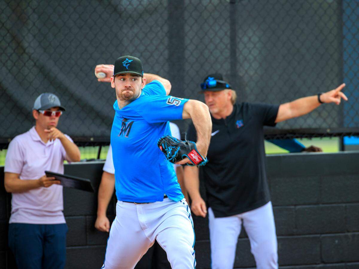 Miami Marlins pitcher Zach Pop throws during their spring training workout at Roger Dean Stadium on Wednesday, March 16, 2022 in Jupiter, FL.