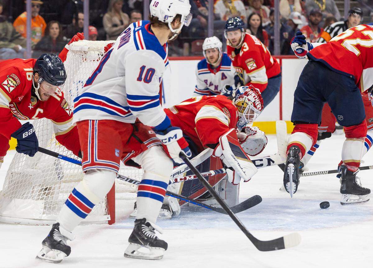 Florida Panthers goaltender Sergei Bobrovsky (72) tries to block a shot by the New York Rangers in the second period of Game 6 during the Eastern Conference finals of the NHL hockey Stanley Cup playoffs at the Amerant Bank Arena on Saturday, June 1, 2024, in Sunrise, Fla.