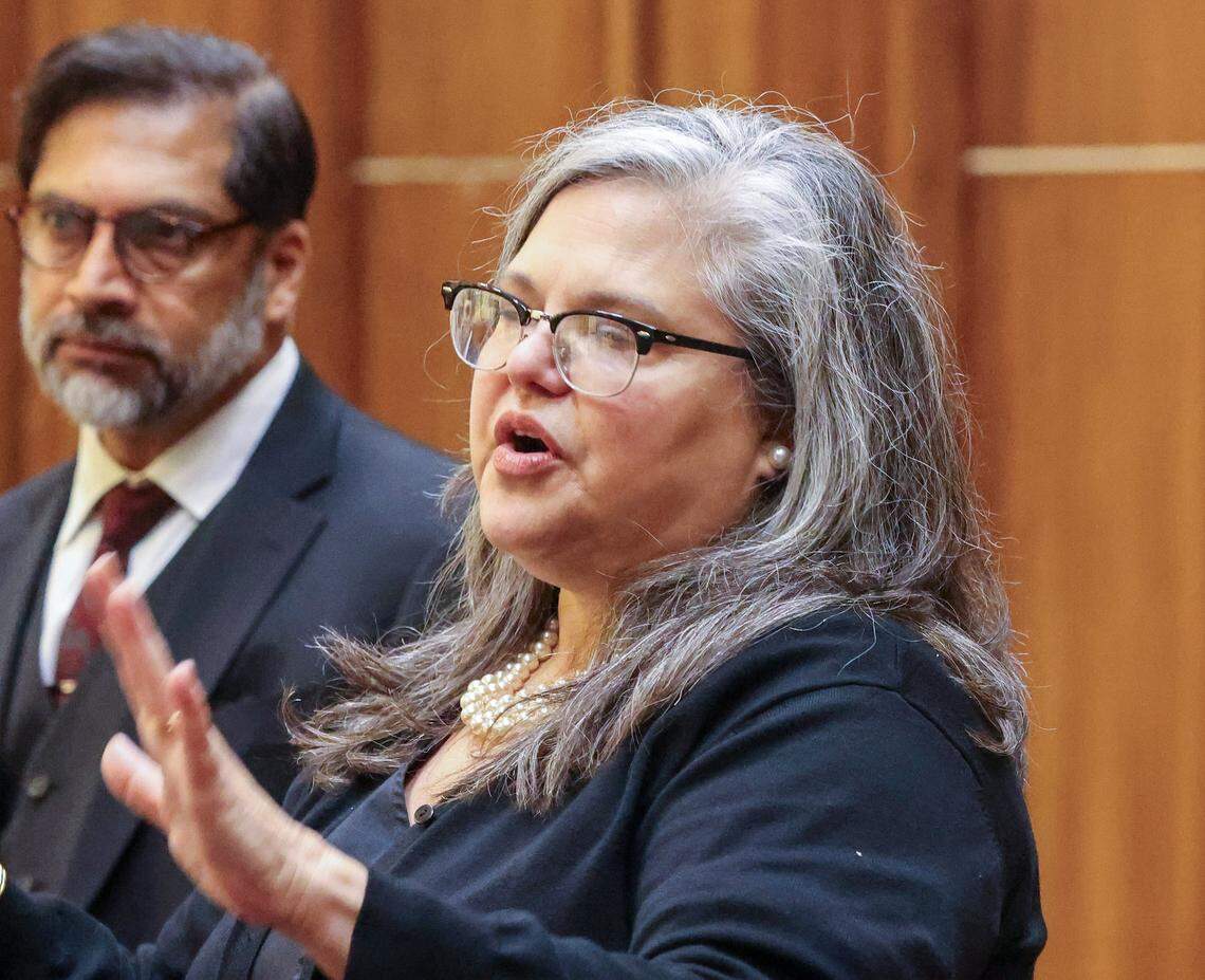 Defense attorney Carmen Vizcaino, right, gives her opening arguments as her co-counsel Khurrum Wahid, left, listens. Harrel Braddy, convicted of leaving a 5-year-old girl to die in the Everglades in 1998, appeared in court Tuesday, Jan. 20, 2026, for his resentencing trial in Miami, Florida.