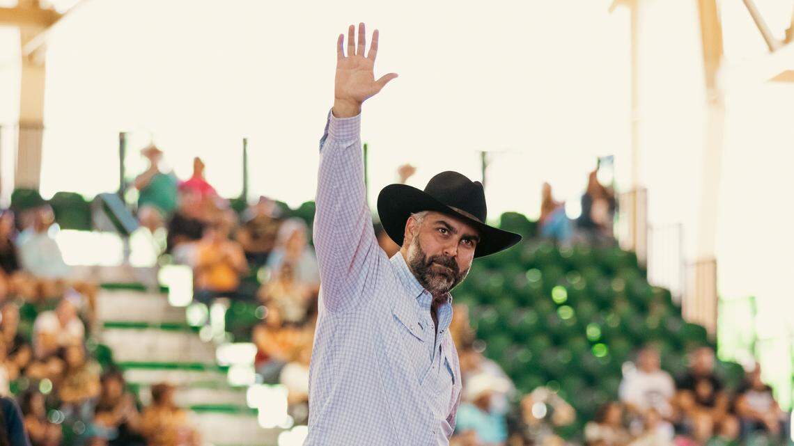 Miami-Dade Commission Chair Anthony Rodriguez waves to the crowd at Tropical Park during 2025 CountryFest event, a rodeo that took place April 25 and April 26. This photo was provided to Rodriguez’s commission office by event staff and released on July 24, 2025, as part of a public records request to the Miami Herald.