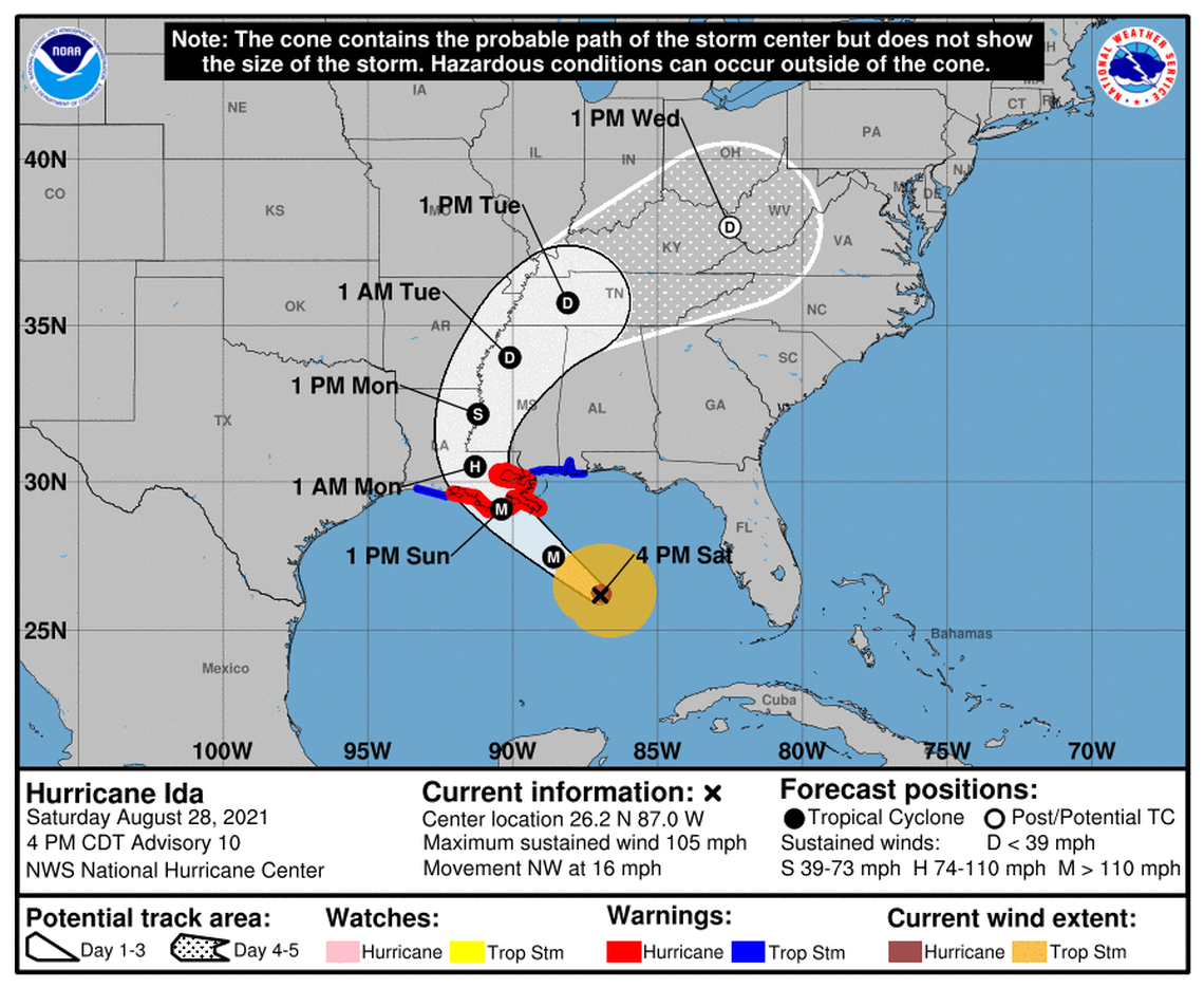 Hurricane Ida 5 p.m. Saturday, Aug. 28, 2021, advisory.