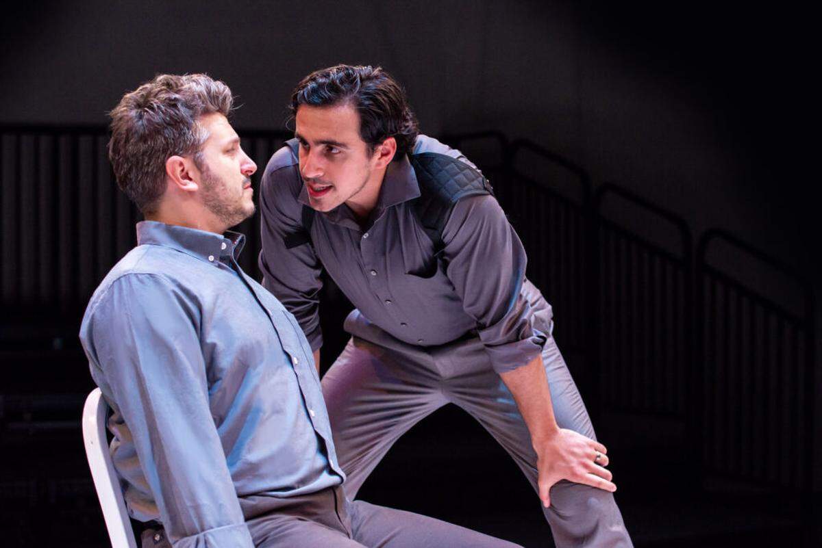 Ryan Didato as Katurian gets grilled by Gabriell Salgado as Ariel in Zoetic Stage’s “The Pillowman” at the Arsht Center through Nov. 10.