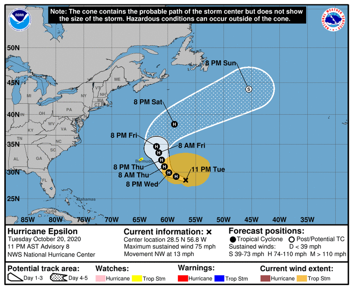 Hurricane Epsilon formed late Tuesday night as it approaches Bermuda, who issued a tropical storm watch earlier in the day.