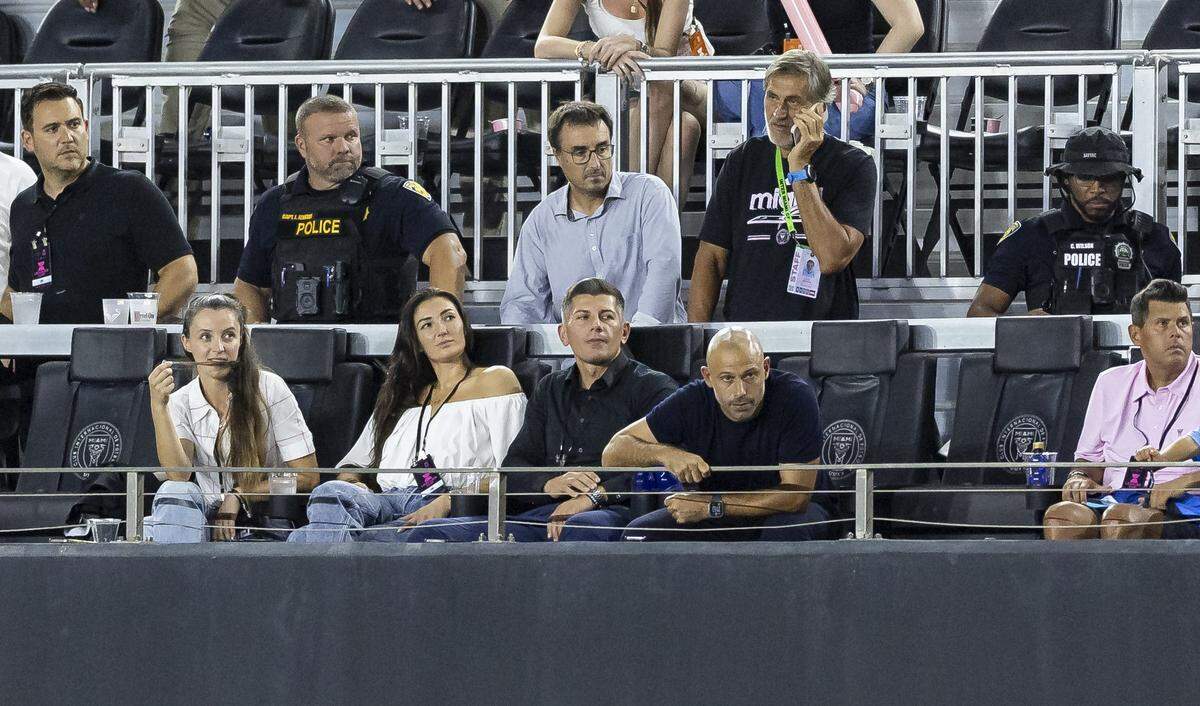 Inter Miami CF head coach Javier Mascherano watches his team play against Tigres UANL from the stands after being ejected in the second half of his Leagues Cup quarter-final soccer match at Chase Stadium on Wednesday, Aug. 20, 2025, in Fort Lauderdale, Fla.