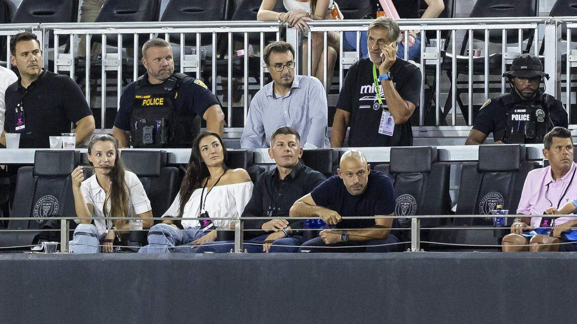 Inter Miami CF head coach Javier Mascherano watches his team play against Tigres UANL from the stands after being ejected in the second half of his Leagues Cup quarter-final soccer match at Chase Stadium on Wednesday, Aug. 20, 2025, in Fort Lauderdale, Fla.