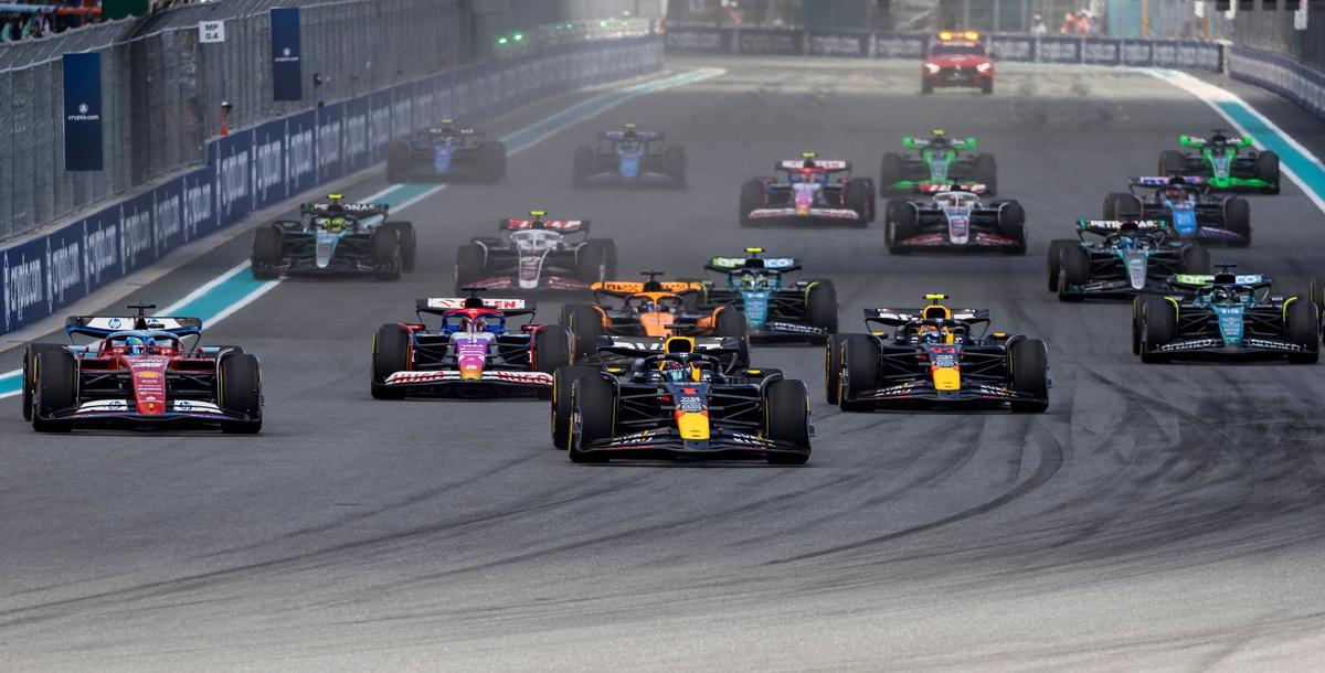 Drivers take off during the start of a Sprint race on the second day of the Formula 1 Crypto.com Miami Grand Prix weekend at the Miami International Autodrome on Saturday, May 4, 2024, in Miami Gardens, Fla.