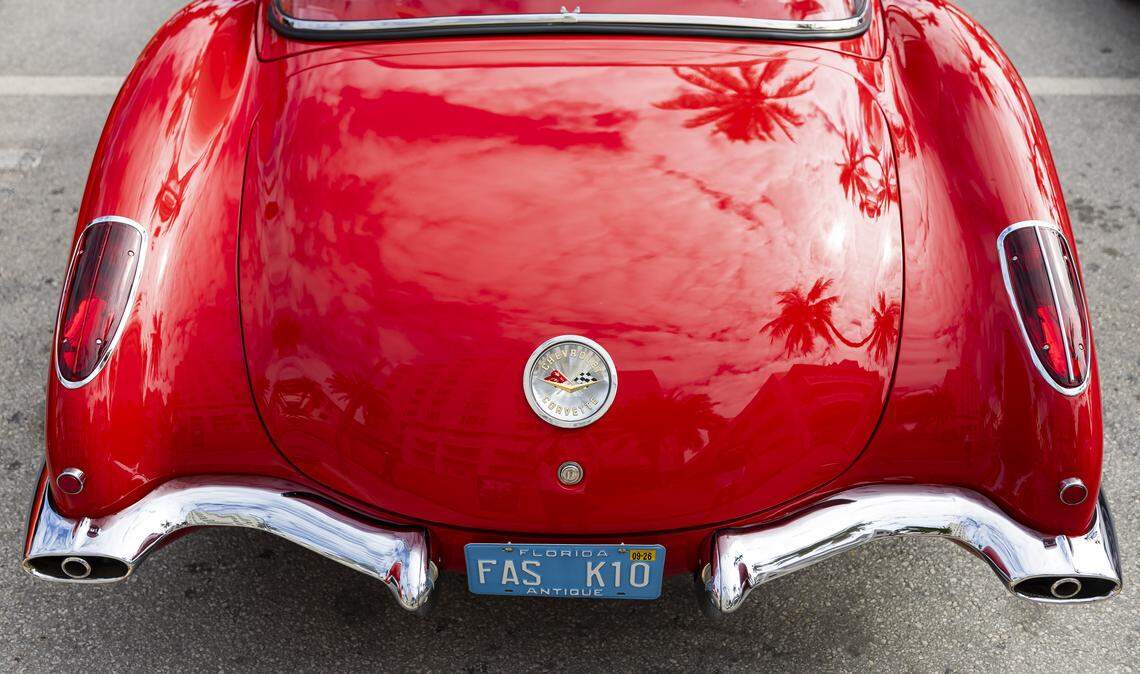 The trunk of a cherry red 1959 Chevrolet Corvette is on display at the Classic Car Show during Art Deco Weekend at Ocean Drive on Saturday, Jan. 10, 2026, in Miami Beach, Fla.