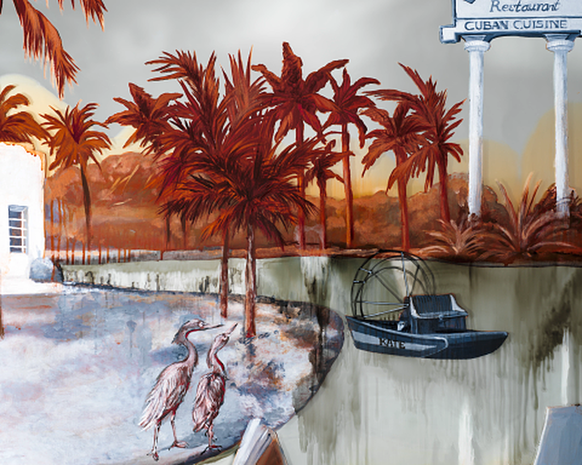 Artist Rachel Feinstein, who grew up in Miami, included several personal touches to her painting “Panorama of Miami.” The airboat is dedicated to her niece Kate, a 19-year-old University of Florida student who died from cancer.