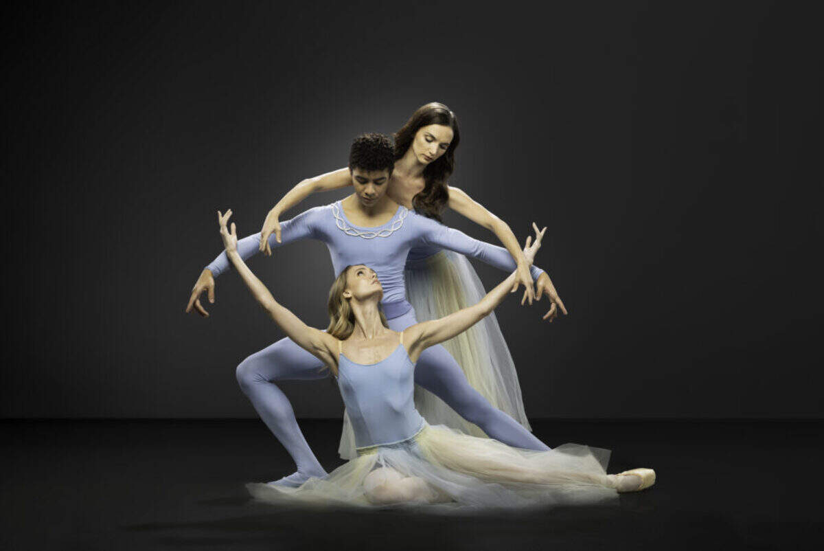 Jordan Elizabeth-Long, Luiz Silva, and Hannah Fischer in Miami City Ballet’s “Serenade,” choreography by George Balanchine.