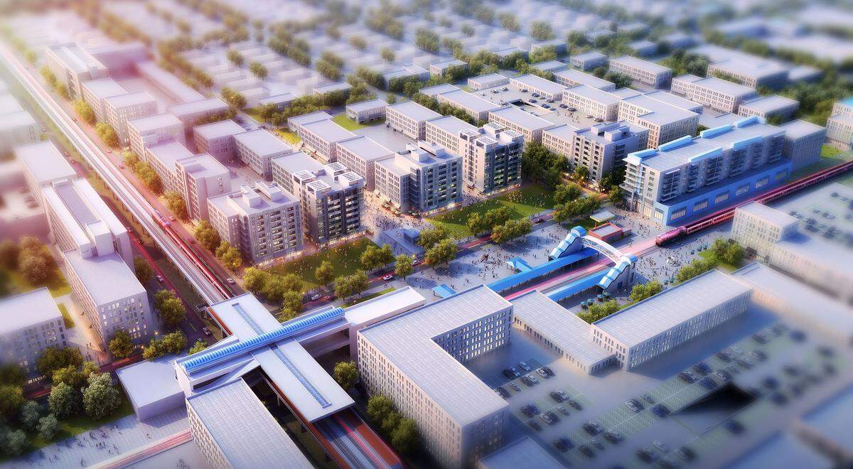 An architectural rendering shows how the area around Hialeah’s Tri-Rail Market Station, at center, could look if redeveloped under a 2016 transit-oriented zoning plan.