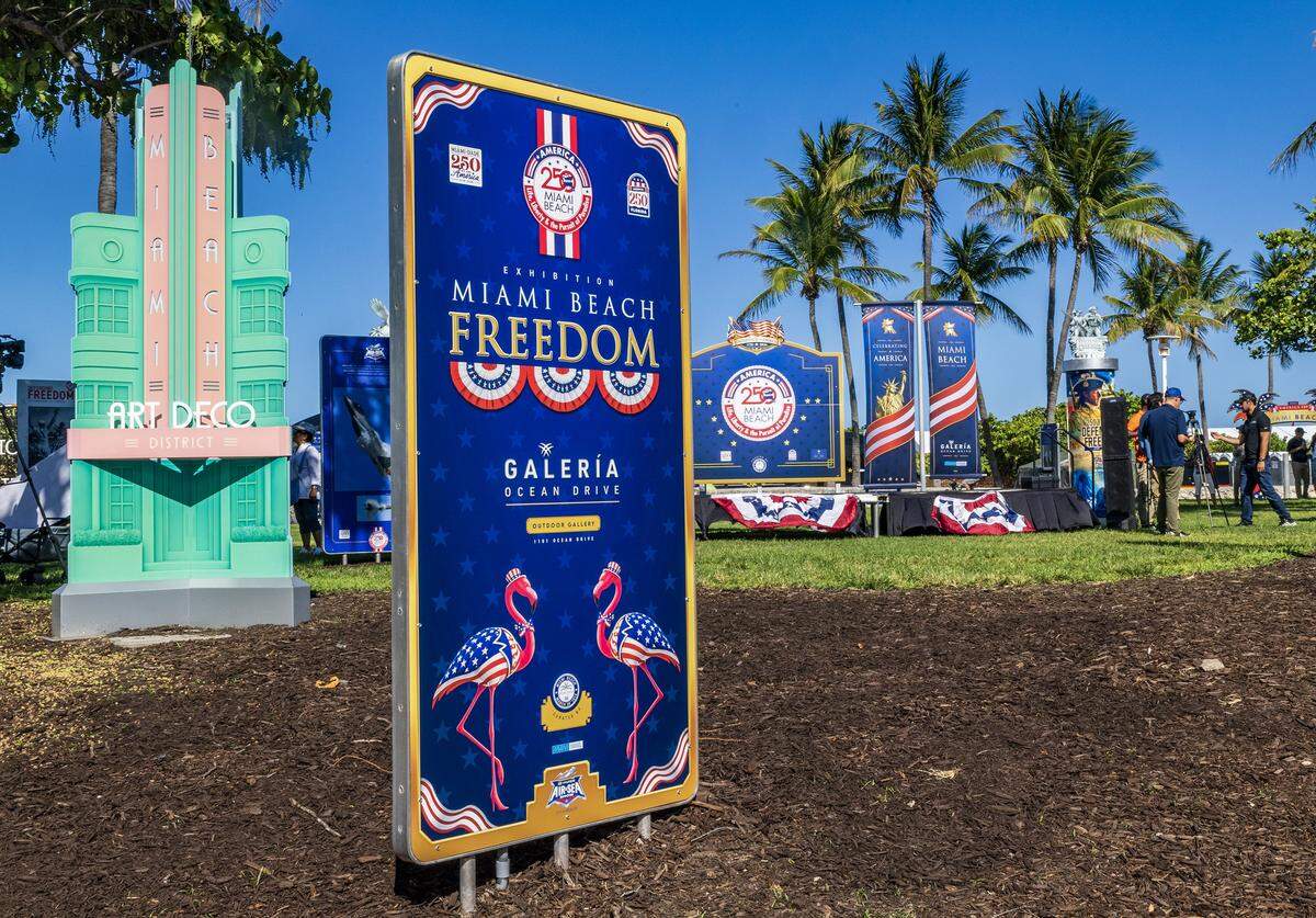 View of panels on display during the unveiling “ceremony of the Miami Beach FREEDOM" outdoor exhibition on Thursday May 21 at Galería Ocean Drive in Lummus Park (between 11th and 12th Streets) to commemorate America's 250th anniversary. The exhibit features 34 weatherproof panels honoring American icons and runs through July 15, 2026.
