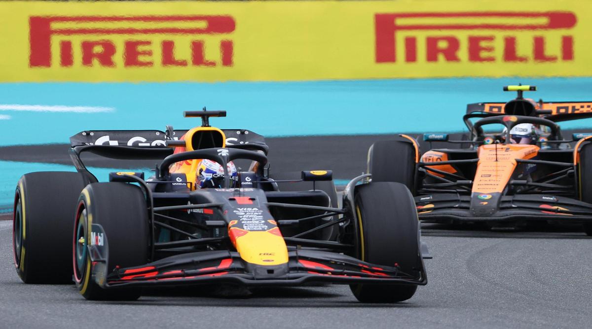 Red Bull Racing driver Max Verstappen of Netherlands leads McLaren driver Lando Norris of Britain, right, in Turn #6 during the Formula One Miami Grand Prix at the Miami International Autodrome on Sunday, May 4, 2025, in Miami Gardens, Fla.