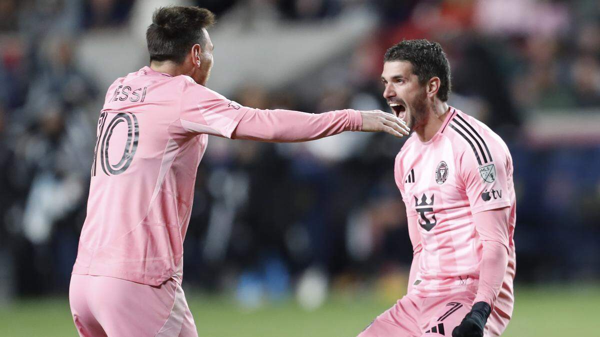 SANDY, UTAH - APRIL 22: Rodrigo De Paul #7 of Inter Miami CF celebrates with teammate Lionel Messi #10 after scoring the team's first goal during the MLS match between Real Salt Lake and Inter Miami CF at America First Field on April 22, 2026 in Sandy, Utah. (Photo by Chris Gardner/Getty Images)