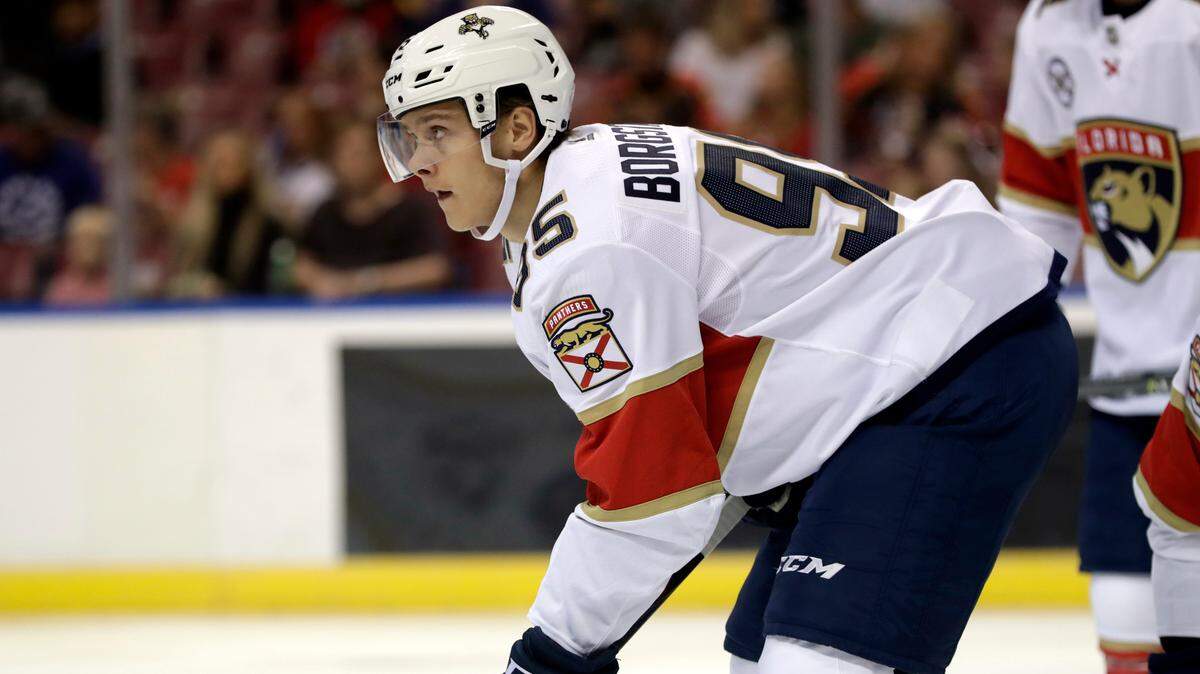 Florida Panthers center Henrik Borgstrom, of Finland, stands on the ice during the first period of an NHL hockey game against the Tampa Bay Lightning, Saturday, Sept. 29, 2018, in Sunrise, Fla.