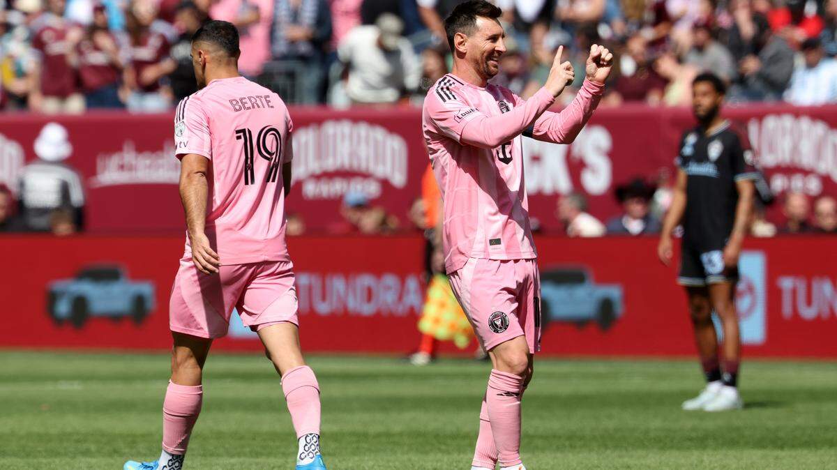 DENVER, COLORADO - APRIL 18: Lionel Messi #10 of Inter Miami CF celebrates scoring his team's first goal during the MLS match between Colorado Rapids and Inter Miami CF at Empower Field At Mile High on April 18, 2026 in Denver, Colorado. (Photo by Tanner Pearson/Clarkson Creative/Getty Images)