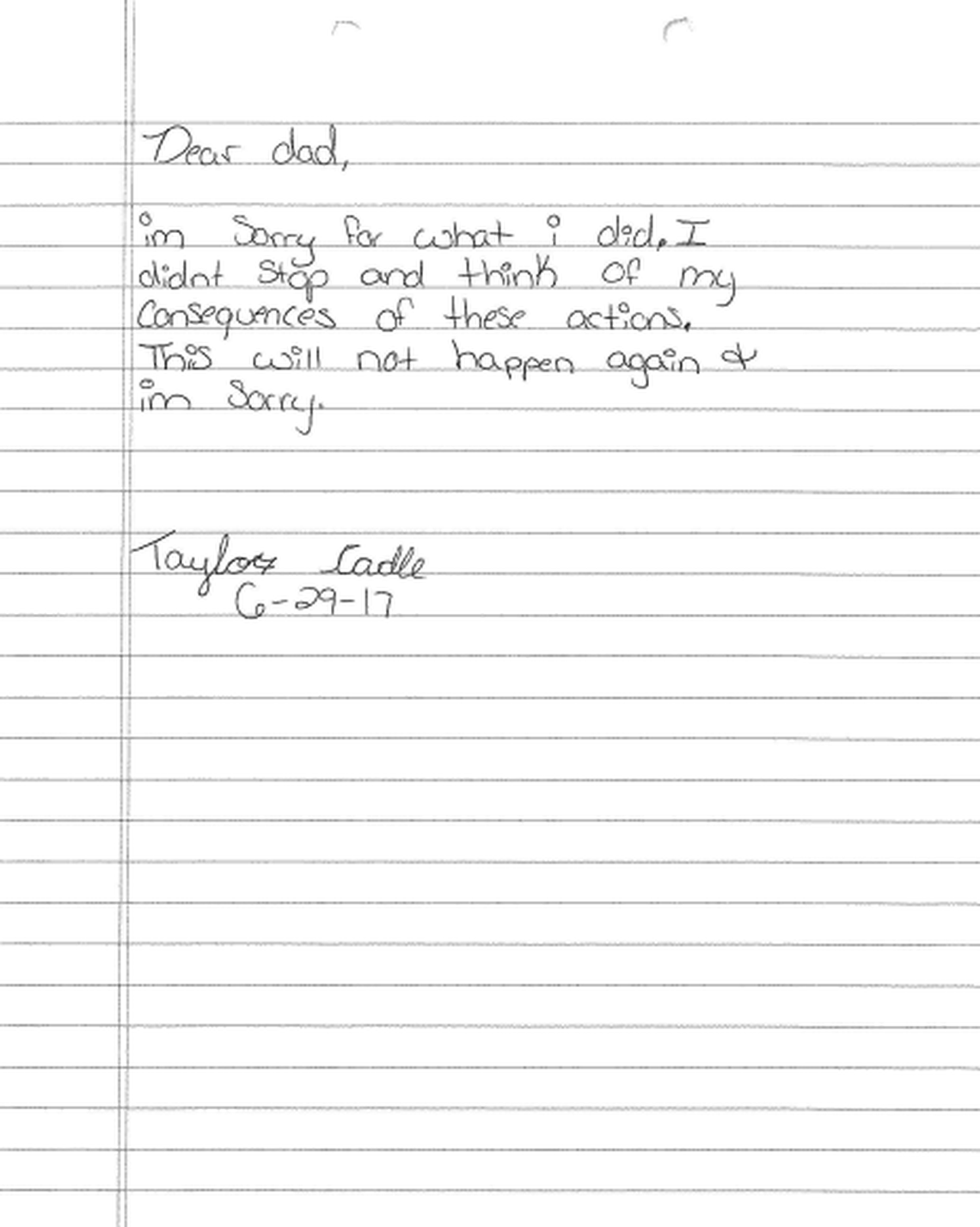 Taylor Cadle’s apology letter to Henry Cadle.