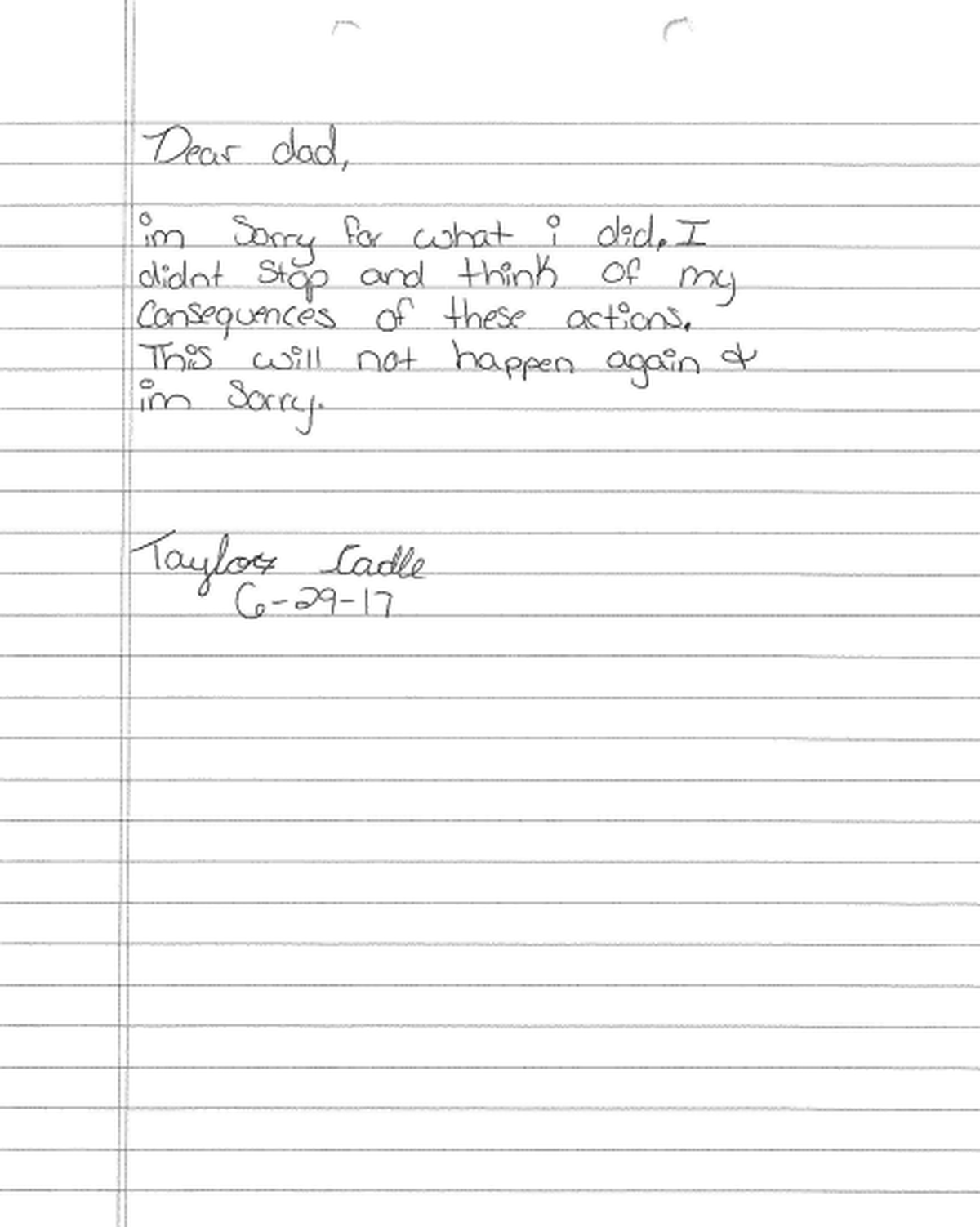 Taylor Cadle’s apology letter to Henry Cadle.