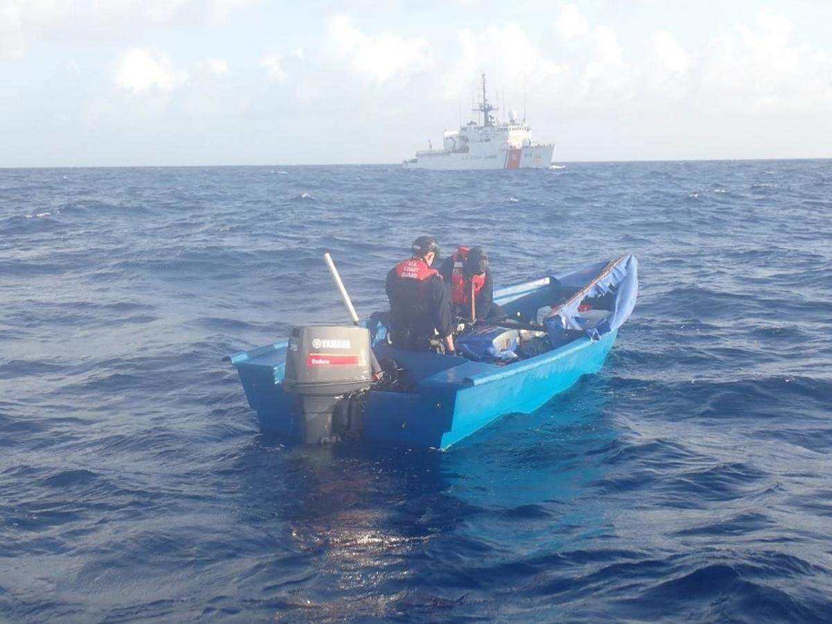Coast Guard Cutter Mohawk crew members stopped a 25-foot vessel with two suspected smugglers and over 660 pounds of cocaine in Caribbean waters on Jan. 24, 2021.