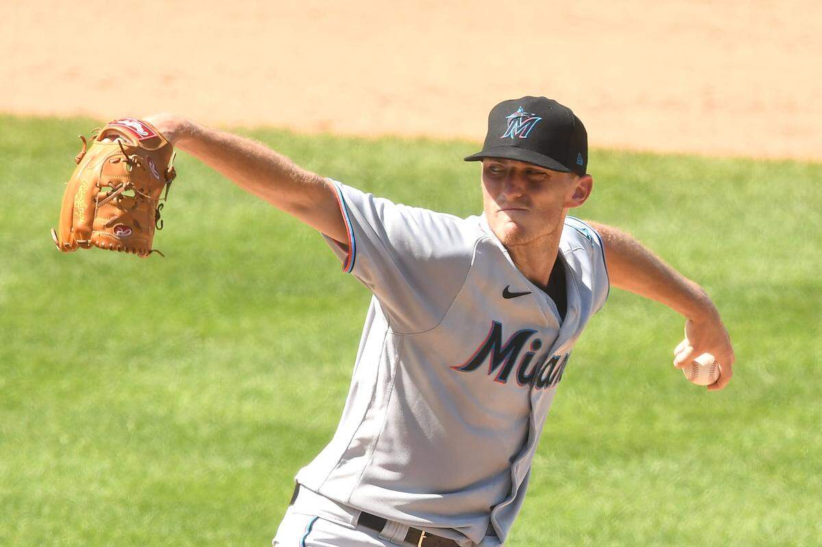 WASHINGTON, DC - AUGUST 23: In his major league debut, Brandon Leibrandt #88 of the Miami Marlins, prepares for a pitch in the sixth inning during a baseball game against the Washington Nationals at Nationals Park on August 23, 2020 in Washington, DC. (Photo by Mitchell Layton/Getty Images)