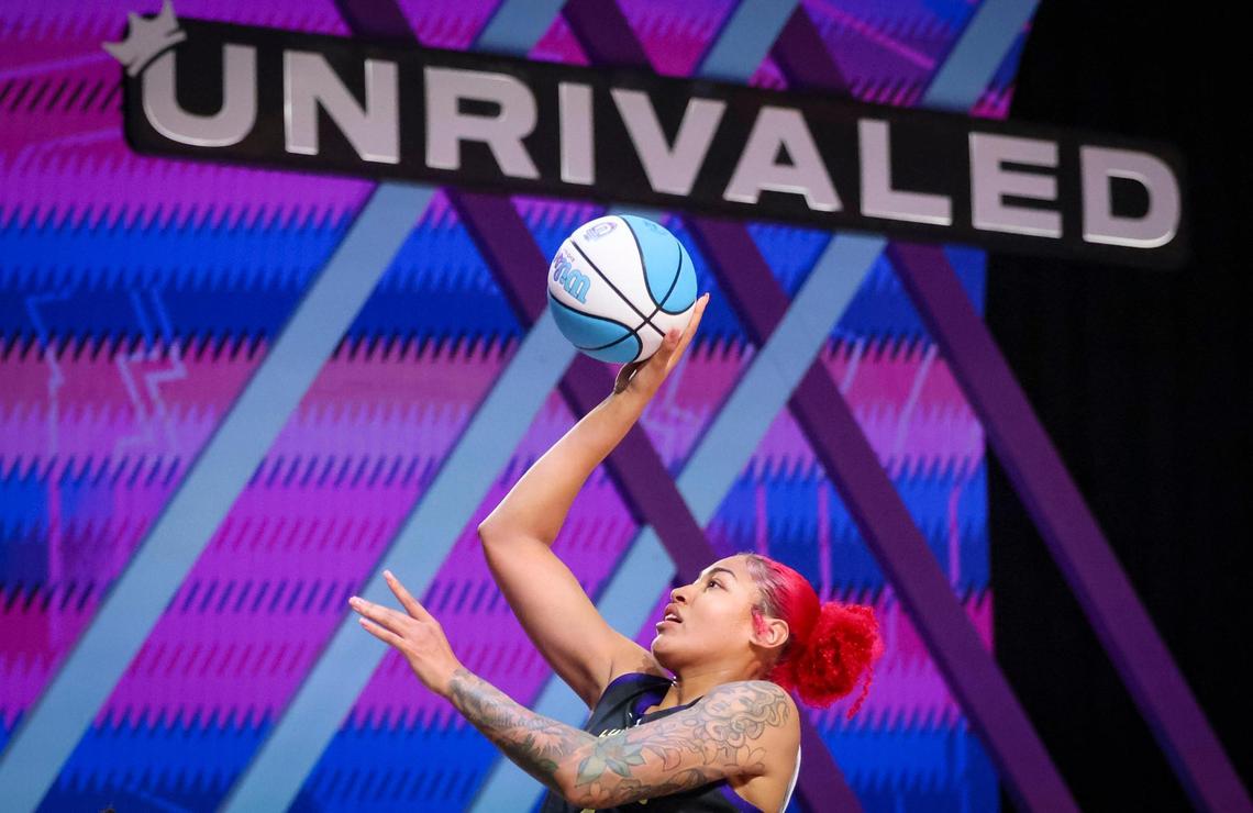Lunar Owls BC’s Shakira Austin (1) shoots the ball over Rose BC’s Chelsea Gray (12) during the 1-on-1 tournament for Unrivaled, a women’s pro basketball league that launched this season in Miami, on Monday, Feb. 10, 2025, at Wayfair Arena in Medley, Florida.