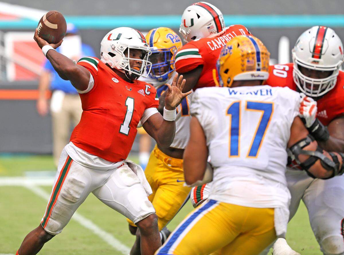 Miami Hurricanes quarterback D’Eriq King (1) as they play the Pittsburg Panthers at Hard Rock Stadium in Miami Gardens, Florida, Saturday, October 17, 2020.