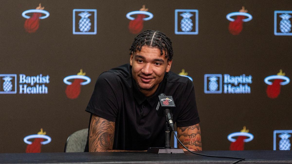 Heat rookie Kel’el Ware reacts during media availability at Kaseya Center on Friday, June 28, 2024, in Miami, Fla.