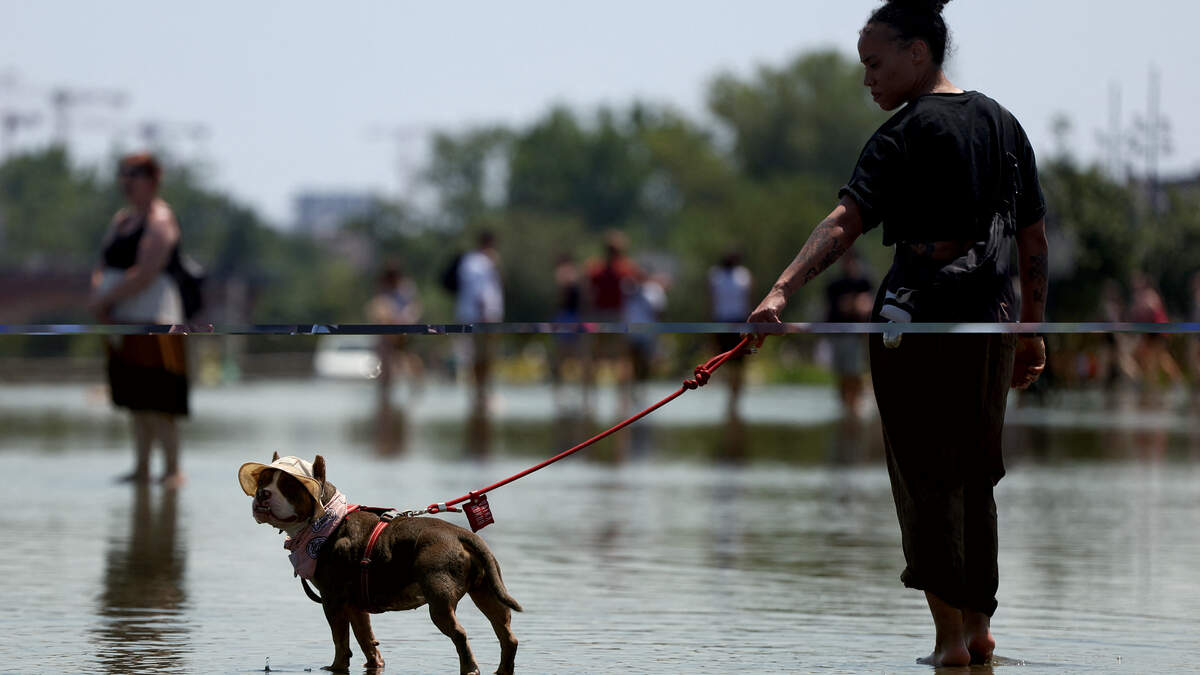 A woman with her dog cools off in a reflecting pool in Bordeaux, south-western France, on June 17, 2026.