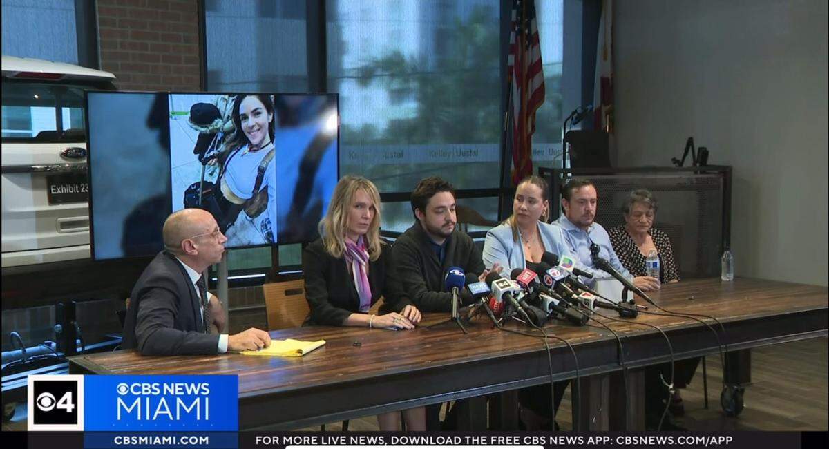 Attorney Courtney Caprio, second left to right, speaks to reporters about the disappearance of Ana María Knezevich Henao, 40, during a press conference in Fort Lauderdale, Florida, on May, 8, 2024. Caprio, other attorneys and Knezevich Henao’s family members asked the public to help find the missing Colombian American woman who lived in Fort Lauderdale until December.