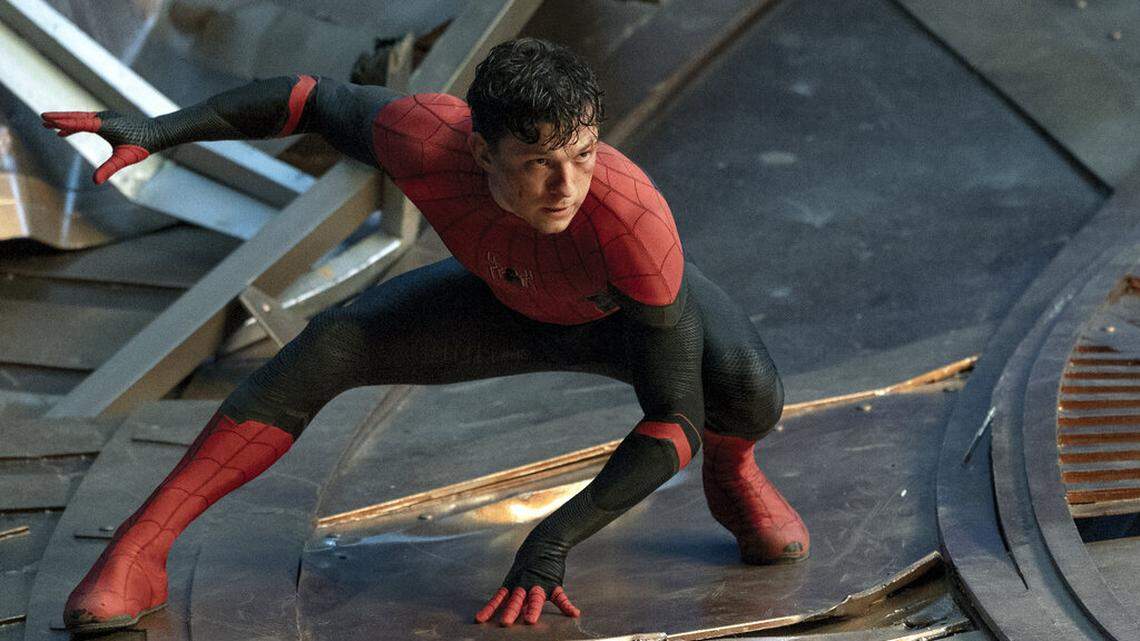 This image released by Sony Pictures shows Tom Holland in Columbia Pictures’ ”Spider-Man: No Way Home.” (Sony Pictures via AP)