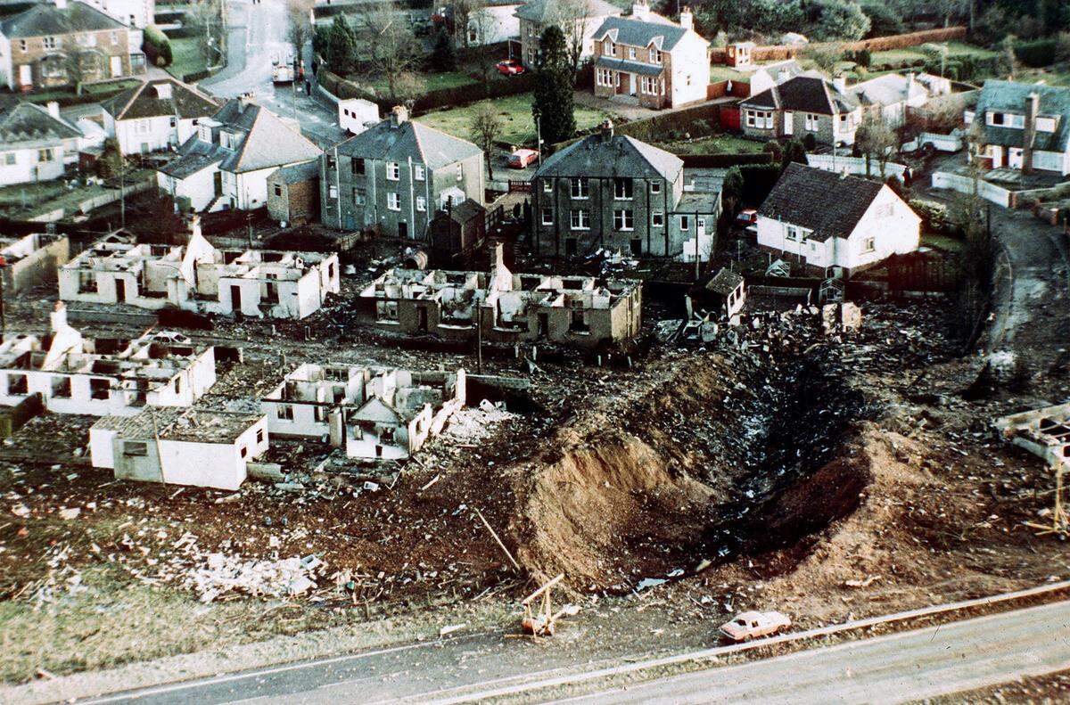Wrecked houses and a deep gash in the ground mark the village of Lockerbie, Scotland, in December 1988 after the bombing of Pan Am 103.