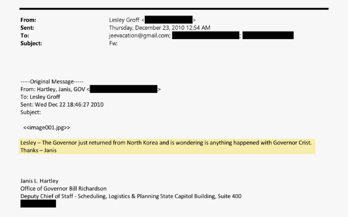 A Dec. 22, 2010 email from Janis Hartley, deputy chief of staff to former New Mexico Gov. Bill Richardson and Lesley Groff, Jeffrey Epstein’s assistant