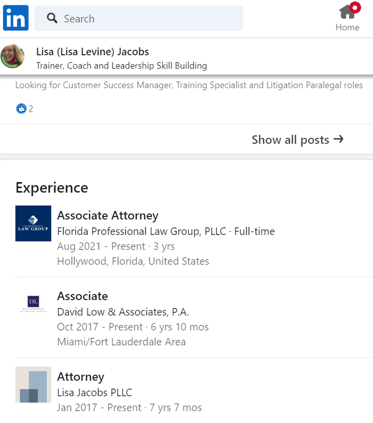 Lisa Jacobs more current LinkedIn page still says she’s an attorney working with three different firms. This isn’t allowed while she’s on suspension.