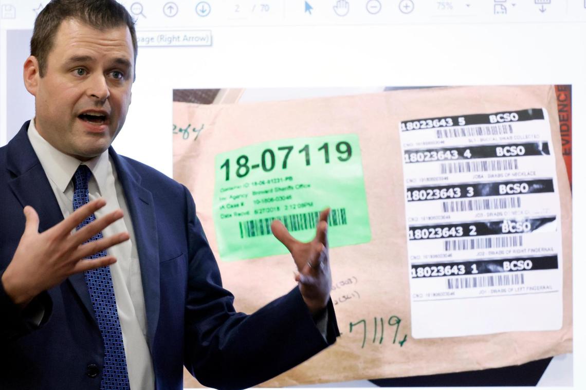 Shooting suspect Michael Boatwright’s attorney, Joseph Kimok, speaks about DNA swabs taken from the victim that do not contain his client’s DNA. This during his closing argument in the XXXTentacion murder trial at the Broward County Courthouse in Fort Lauderdale on Wednesday, March 8, 2023. Emerging rapper XXXTentacion, born Jahseh Onfroy, 20, was killed during a robbery outside of Riva Motorsports in Deerfield Beach in 2018 allegedly by defendants Michael Boatwright, Trayvon Newsome, and Dedrick Williams.
