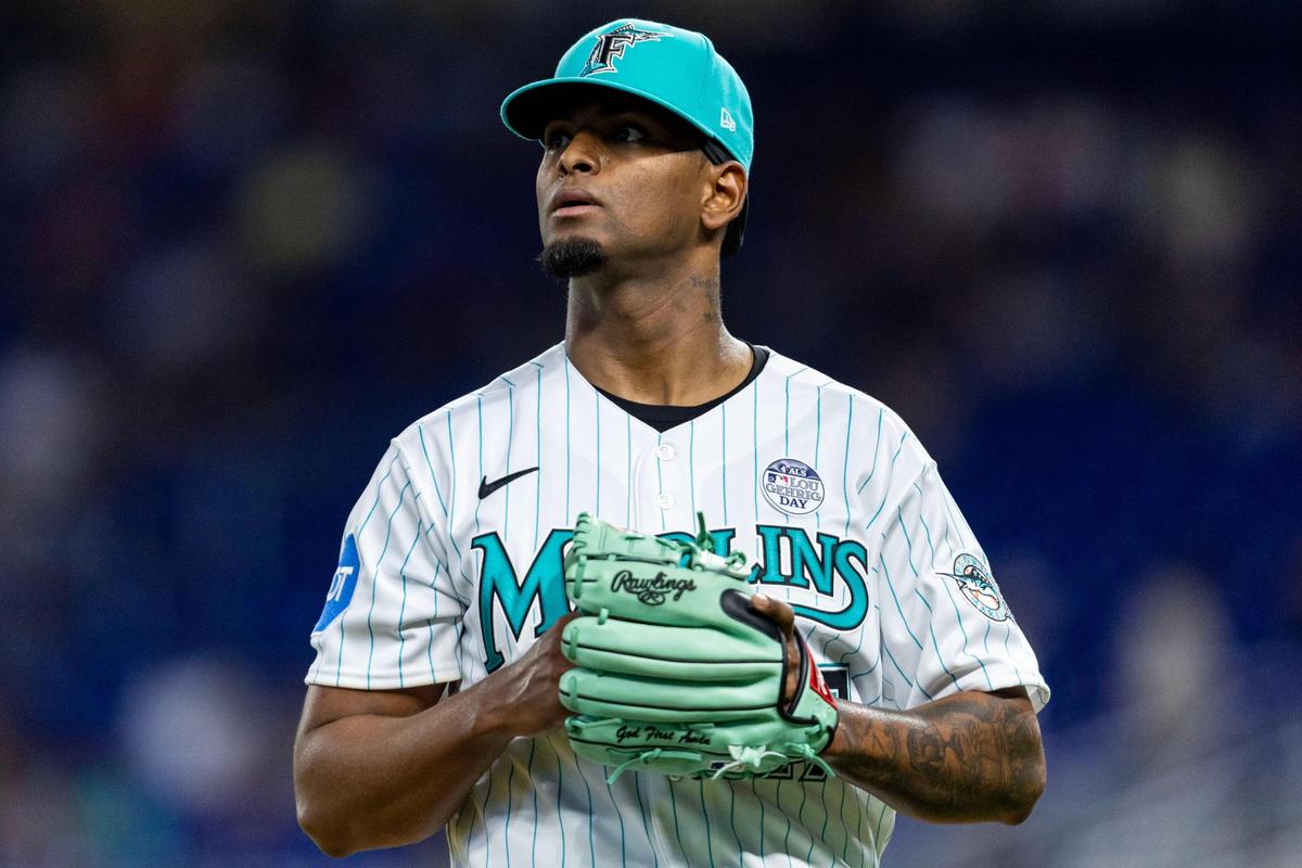 Miami Marlins pitcher Edward Cabrera (27) reacts after the second inning of an MLB game against the Oakland Athletics at loanDepot park in the Little Havana neighborhood of Miami, Florida, on Friday, June 2, 2023.