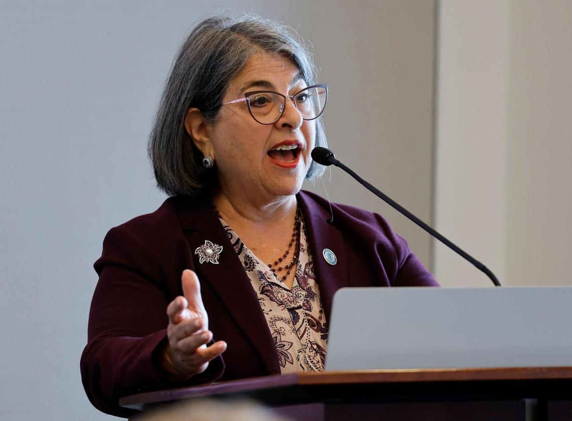 Miami-Dade County Mayor Daniella Levine Cava speaks during the Miami Leadership Local conference at Bilzen Sumberg in Miami on Friday, October 27, 2023.