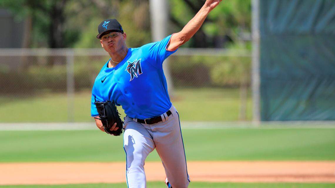 Miami Marlins pitcher Jesus Luzardo trows during their spring training workout at Roger Dean Stadium on Thursday, March 17, 2022 in Jupiter, FL.