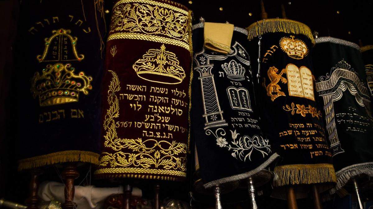 Torah scrolls rest in a synagogue in Casablanca, Morocco.