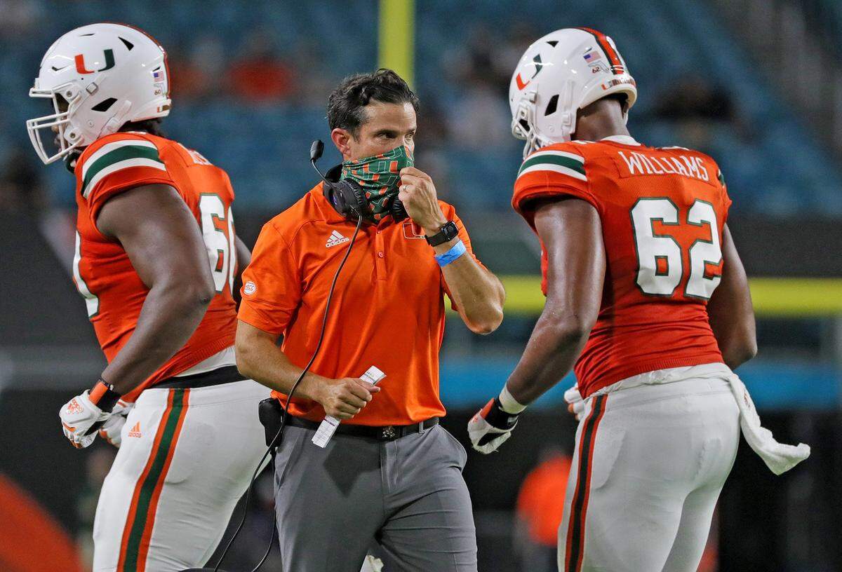 UM’s coach Manny Diaz on the field as the University of Miami hosts the UAB Blazers at Hard Rock Stadium in Miami Gardens on Thursday, September 10, 2020.