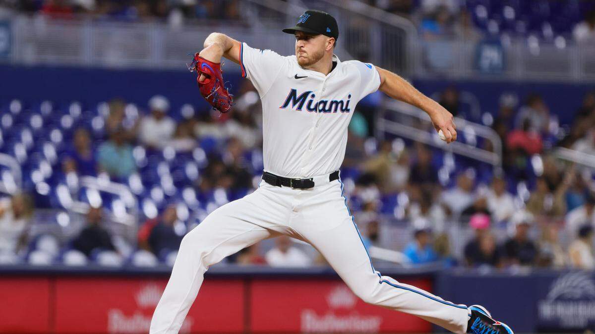 Jul 3, 2024; Miami, Florida, USA; Miami Marlins starting pitcher Trevor Rogers (28) delivers a pitch against the Boston Red Sox during the first inning at loanDepot Park.