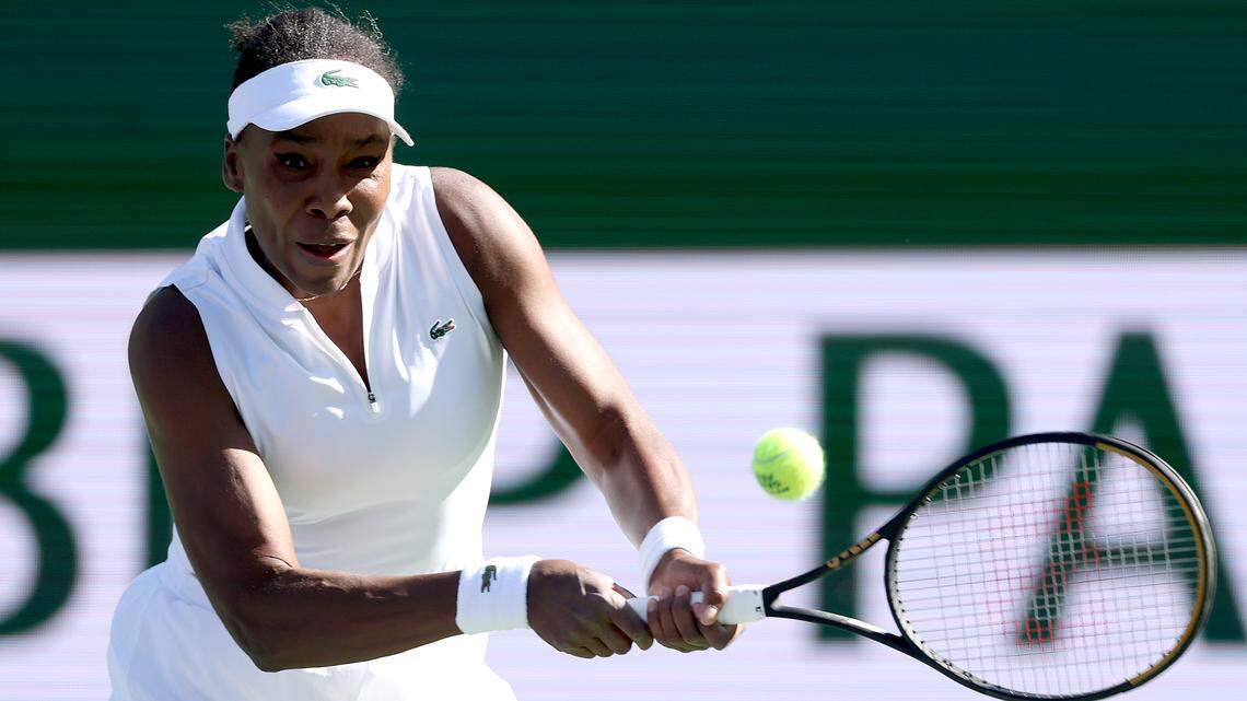 INDIAN WELLS, CALIFORNIA - MARCH 05: Venus Williams of the United States returns a shot to Diane Parry of France during Day 2 of the BNP Paribas Open at the Indian Wells Tennis Garden on March 05, 2026 in Indian Wells, California. (Photo by Matthew Stockman/Getty Images)