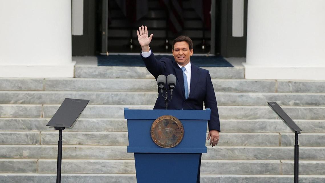Florida Gov. Ron DeSantis waves to the crowd during his inauguration ceremony at the Florida State Capitol on Tuesday, Jan. 3, 2022, in Tallahassee, Fla.
