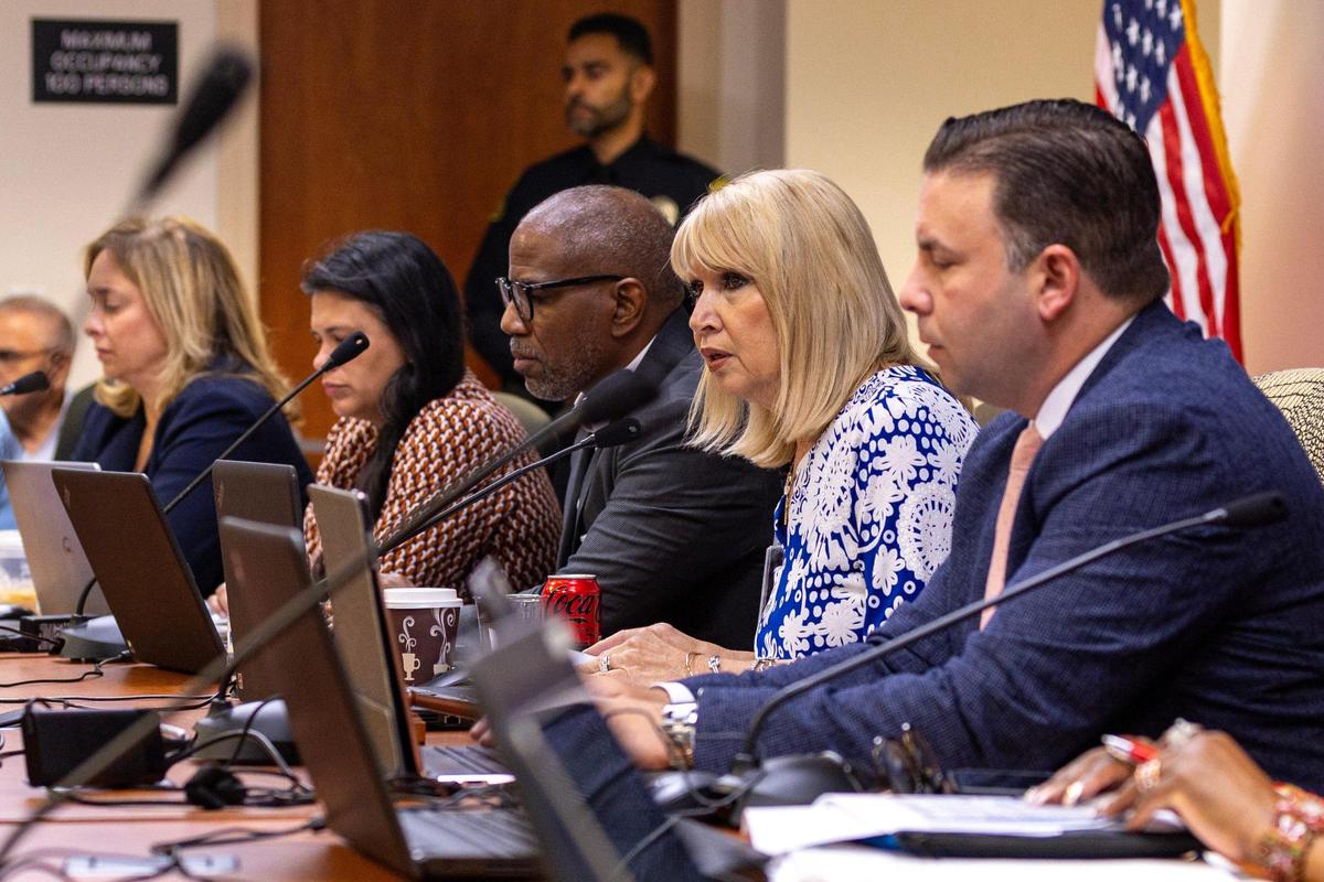 Chairwoman Mari Tere Rojas talks during a school board committee meeting.