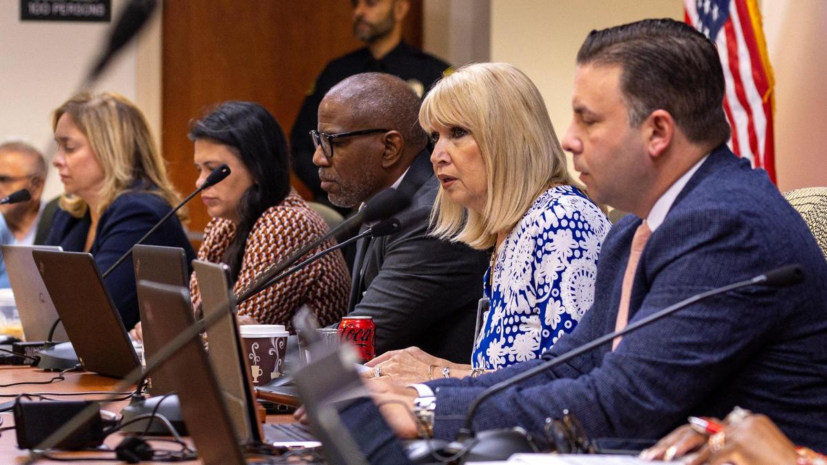 Miami-Dade County School Board Chair Mari Tere Rojas speaks during a board meeting to discuss the adoption of new social studies textbooks, Wednesday, Sept. 27, 2023. On Wednesday, Oct. 11, the board approved the textbooks. The public now has 30 days to challenge the process.