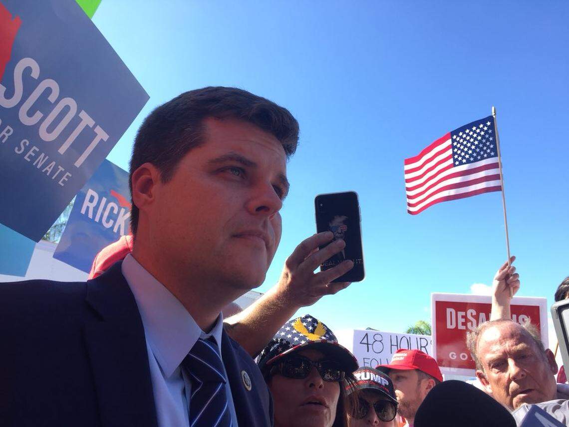 U.S. Rep Matt Gaetz rallied a crowd of dozens of protesters outside the Broward elections supervisor’s headquarters in Lauderhill Friday.