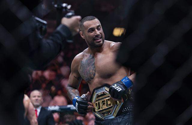 Carlos Ulberg of New Zealand celebrates after defeating Jiří Procházka of Czechia in their light heavyweight title bout at UFC 327 at the Kaseya Center on Saturday, April 11, 2026, in downtown Miami, Fla.
