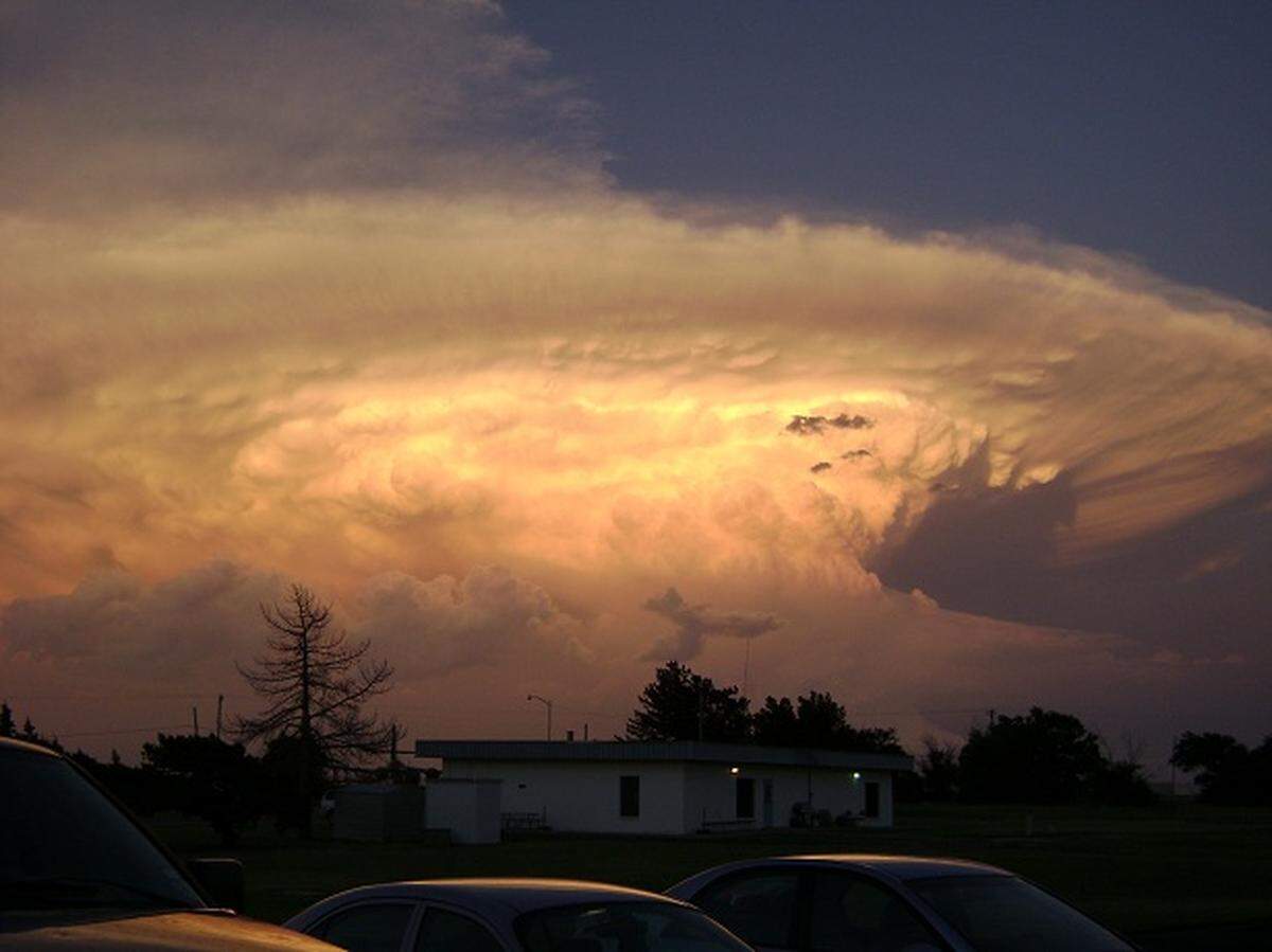 A supercell thunderstorm near Groom, Texas, on June 18, 2010, viewed from the National Weather Service Amarillo office.