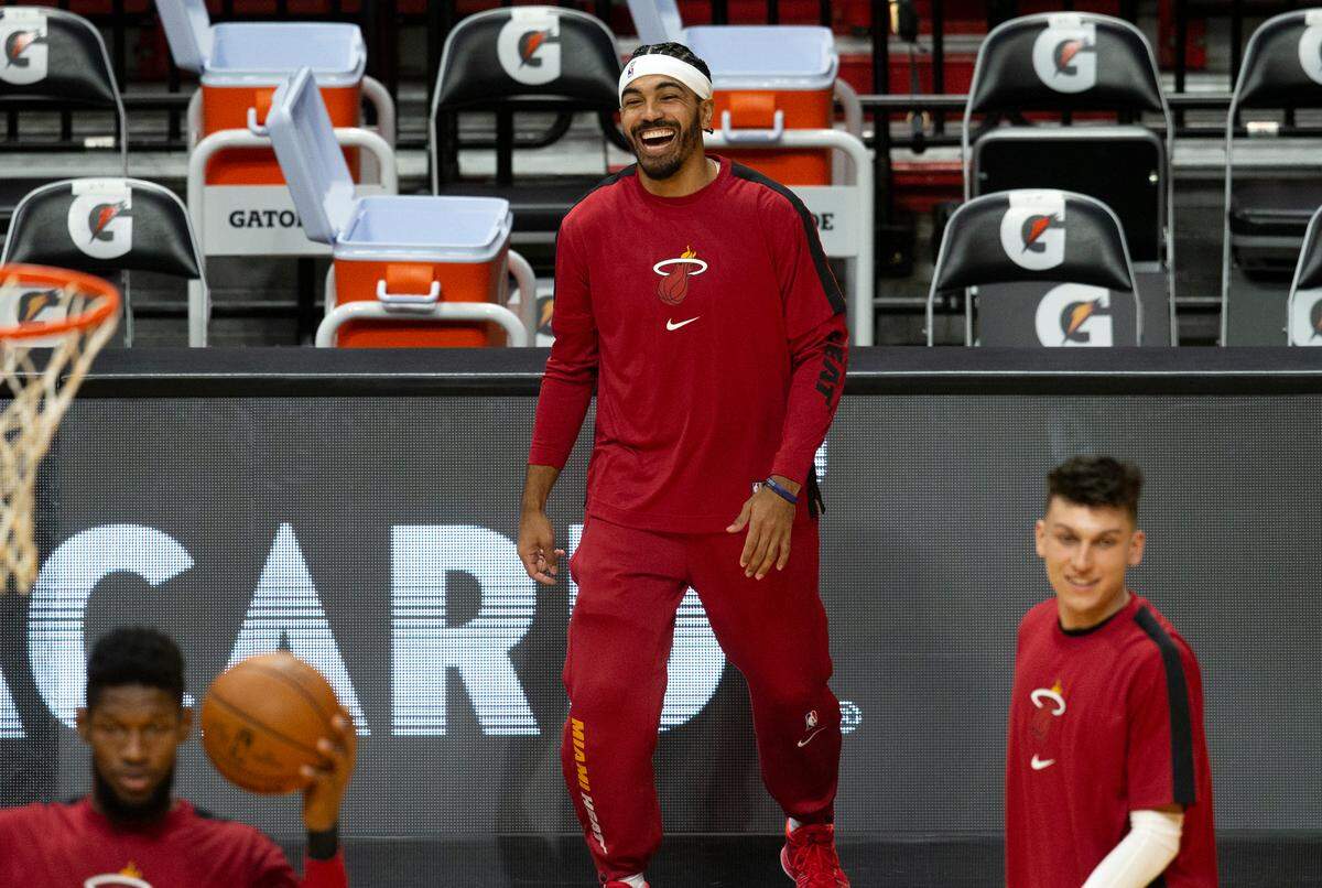 Miami Heat guard Gabe Vincent (2) laughing during warmups before the start of a game against the Milwaukee Bucks at AmericanAirlines Arena on Wednesday, December 30, 2020 in Miami.